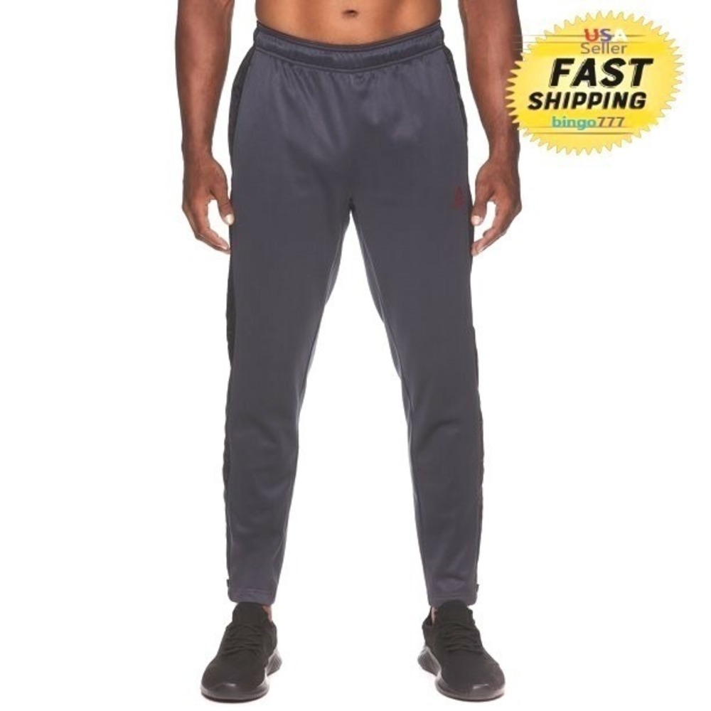 Reebok Track Pants Mens XL Joggers Athleisure Charcoal Grey Black Ankle Zip Logo
